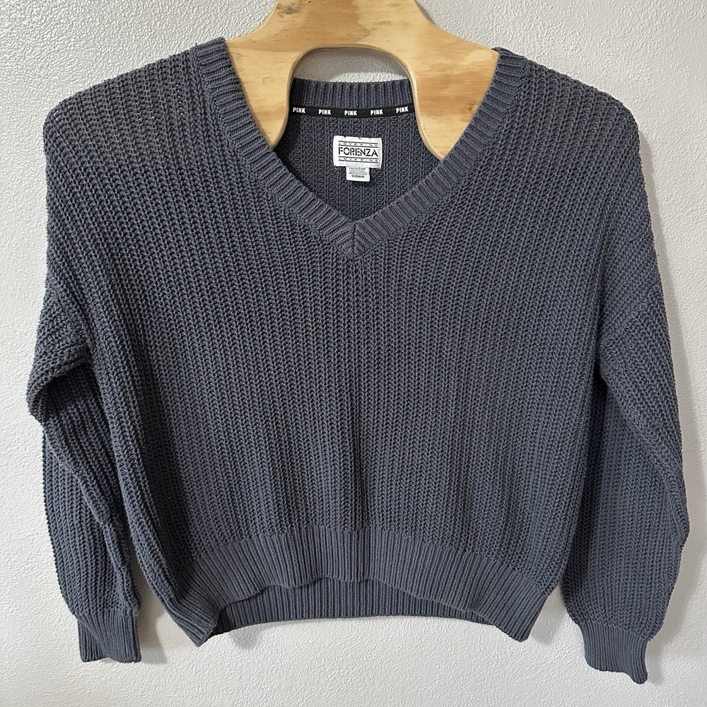 Victorias Secret PINK Forenza Cable Knit V-Neck Pullover Sweater Gray Size Large
